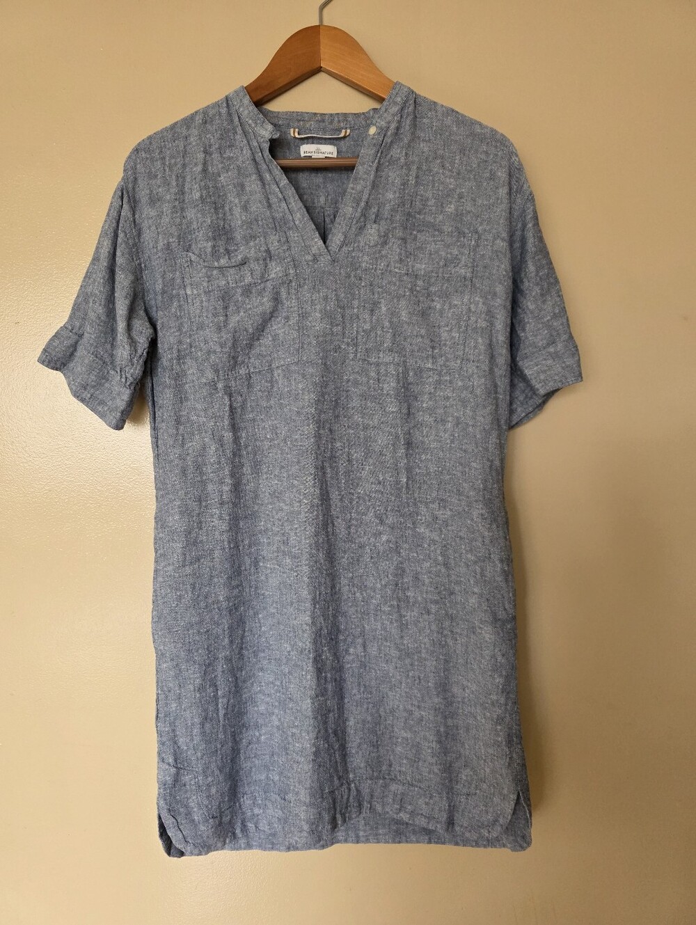 LL Bean Chambray Linen Blend Shift Dress S Pockets Coastal Grandma Minimalist